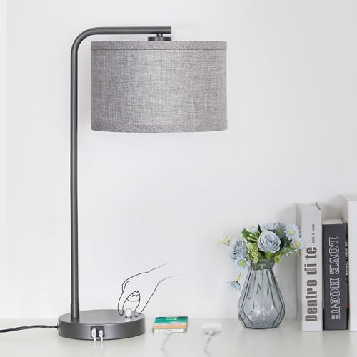 Gray Bedside Lamp with USB C+A Ports, Fully Dimmable Modern Nightstand Lamp - color: Metal Gray Base with Gray Shade