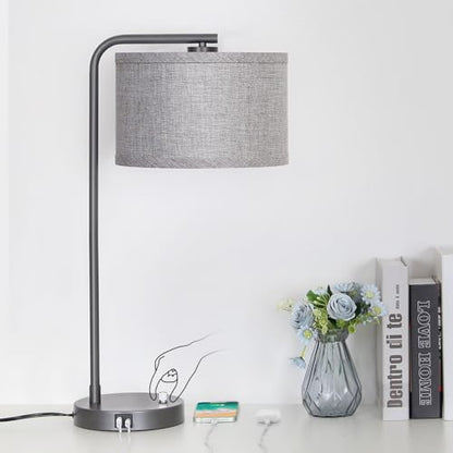 Gray Bedside Lamp with USB C+A Ports, Fully Dimmable Modern Nightstand Lamp - color: Metal Gray Base with Gray Shade