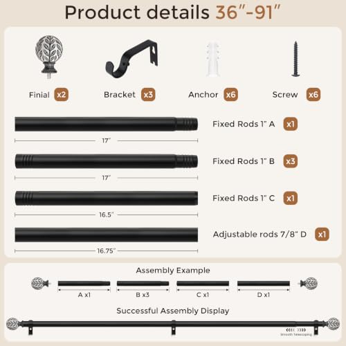 Curtain Rod 36-91 Inch, Boho Black 1 Inch Curtain Rods for Windows - color: Black, size: 36''-91'' (1 Pack)
