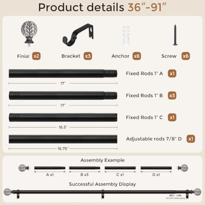 Curtain Rod 36-91 Inch, Boho Black 1 Inch Curtain Rods for Windows - color: Black, size: 36''-91'' (1 Pack)