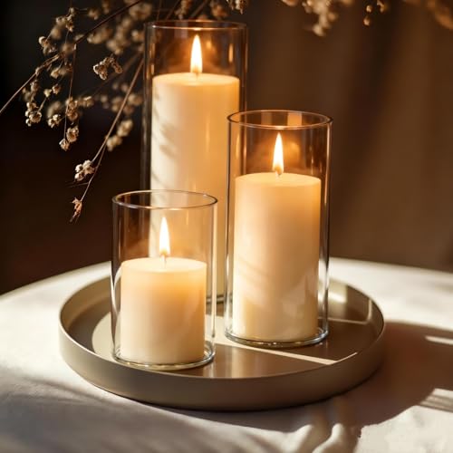 UDU 24 PCS White Pillar Candles with Glass Cylinder Vases Hurricane Glass Candle Holders for Pillar Candles Cylinder Vases for Centerpieces Wedding Table Party Home Decor - size: 2.6" X 4.7", 6", 8"