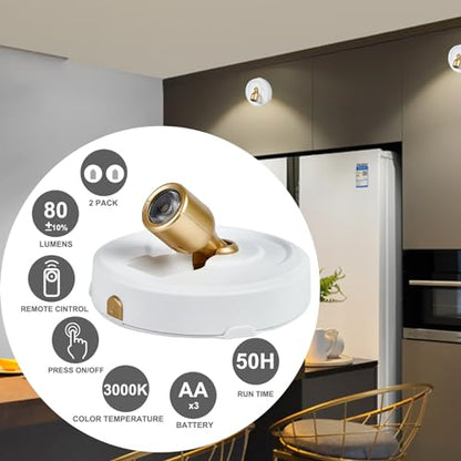 Wireless Spotlight Battery Operated with Remote Control, 2-Pack Under Cabinet Closet Light with Timer Function for Under Counter, Shelf, Bookcase, Cabinet, Paintings, Pictures, Accent - color: White Gold