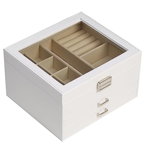BOOVO Clear Lid Jewelry Box for Women, Jewelry Organizer (White, 3 Layer) - color: White, size: 3 Layer