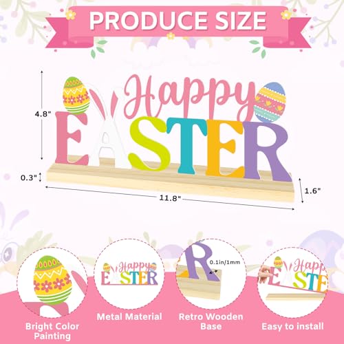 Happy Easter Metal Table Sign, Easter Table Decoration Centerpiece, Metal Letter Sign with Wooden Base,Colorful Spring Tabletop Decor for Home, Office, Shelf, Mantel, Indoor - color: Easters