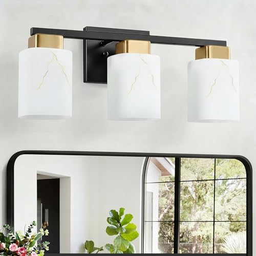 3-Light Square Bathroom Light Fixture, Black and Gold Modern Vanity Light with White Marble Glass Shade, for Bathroom Mirror, Living Room, Bedroom, Hallway, E26 Base - color: Black and Gold, size: 3-Light