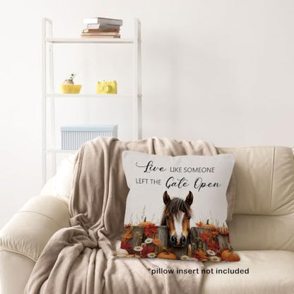 Fall Horse Daisy Floral Pumpkin Leaves Throw Pillow Covers 18x18 - color: Horse-02