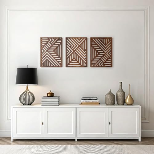 qmmp Modern Wooden Wall Sculptures - Set of 3 - Home Decor Accent - Large Wall Art for Living Room, Bedroom, Office - Easy Installation (Walnut, Large - Direction) - color: Walnut, size: Large - Geometric Shapes