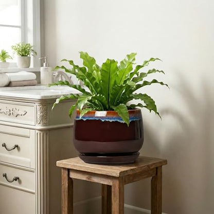 9 Inch Flower Pots - Ceramic Planter with Drainage Hole and Saucer, Decorative Ceramic Pots for Indoor Plants, Round Plant Pot, Garden Home Living Room Decor, Housewarming Gifts, Brown-Blue - size: 9 Inch, style: Brown-blue