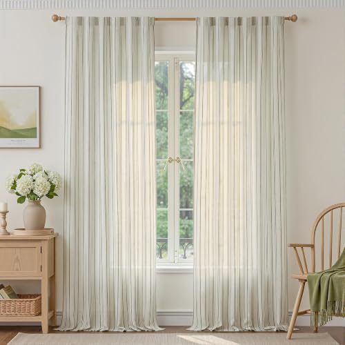 MYSKY HOME Green Striped Linen Curtains for Living Room 50 x 102 2 Panels - color: Green, size: 50"W x 102"L (Pack of 2)