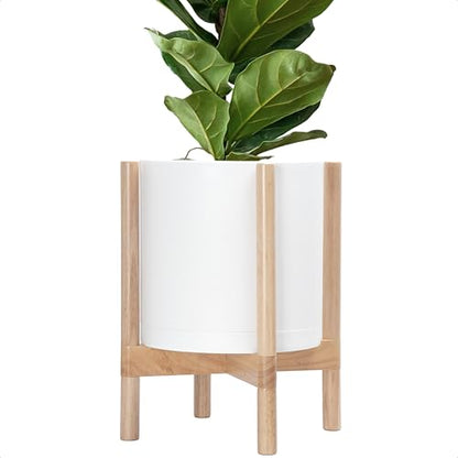 D'vine Dev Plastic Pot with Natural Wood Stand, White, 12 in, 55-C-P-1 - color: Matte White Pot + Natural Stand, size: 12 Inch