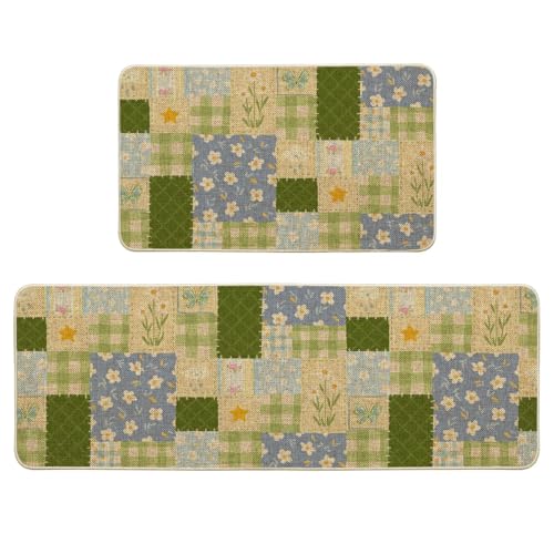 Artoid Mode Check Pattern Flowers Floral Spring Kitchen Mats Set of 2, Home Decor Low-Profile Kitchen Rugs for Floor - 17x29 and 17x47 Inch