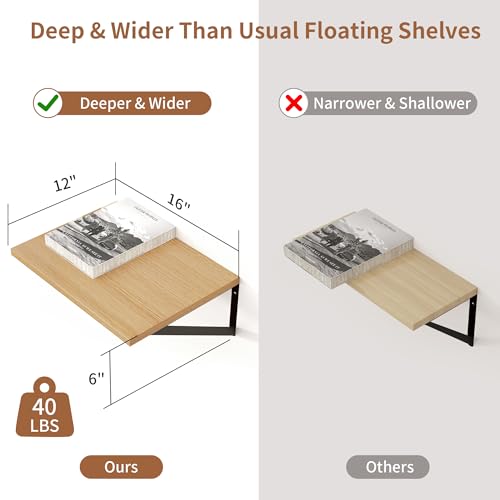 Axeman Deep Floating Shelves, 12 Inch Deep Rustic Oak Floating Wall Shelves Set of 2, 16W x 12D Large Floating Shelves Living Room Cleanning Room Laundry Room Garage - Oak with Black Brackets - color: Oak, size: 16W x 12D
