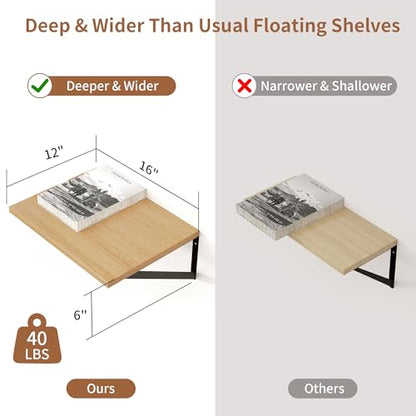 Axeman Deep Floating Shelves, 12 Inch Deep Rustic Oak Floating Wall Shelves Set of 2, 16W x 12D Large Floating Shelves Living Room Cleanning Room Laundry Room Garage - Oak with Black Brackets - color: Oak, size: 16W x 12D