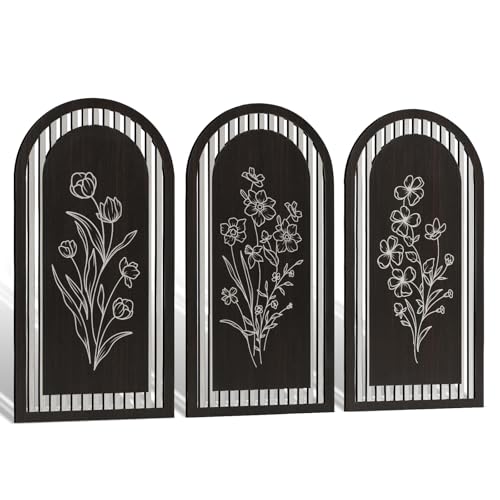 HUARCEY 3 Pcs Wooden Wall Art, 8"x16"x3, Floral Carved Art, Elegant Flower Design, Vintage Style Wooden Decor for Living Room, Bedroom, Hallway, Office, Modern Home Decor - color: Floral Triplets