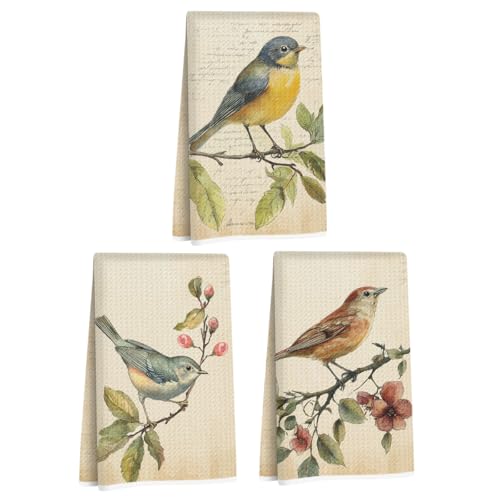 3 Pcs Vintage Birds Kitchen Towels, Birds Decorative Dish Cloth Tea Towel - color: Multi 1402