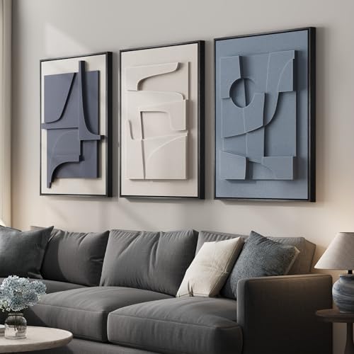 Large 3D Textured Framed Blue White Abstract Wall Art Set, 3 Piece 20x30 In - color: Blue and White, size: 20"w X 30"h X 3pcs