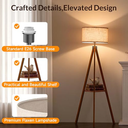 LEPOWER Shelf Floor Lamp Tripod Mid Century Modern Lamps for Living Room - color: Brown Holder
