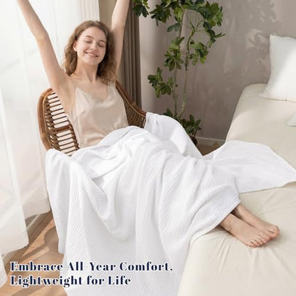 PHF 100% Cotton Muslin Blanket for Adults, Throw 50"X60", White - color: 01 - White, size: Throw(50"X60")
