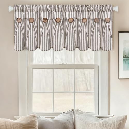 ASPMIZ Farmhouse Valances for Windows, Cotton Linen Kitchen Curtains Valances with Rustic Buttons, Brown Striped Window Valance for Living Room, Boho Valance Curtains for Bathroom, 52 x 18 Inches - color: Brown, size: 52"W x 18"L (Pack of 1)