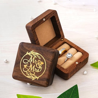 KWOOD Custom Wooden Wedding Ring Box for 2 Rings, Engraved Mr & Mrs Double Ring Holder for Wedding Ceremony Ring Bearer Box Anniversary Birthday Gift Ideas - style: G-Mr & Mrs
