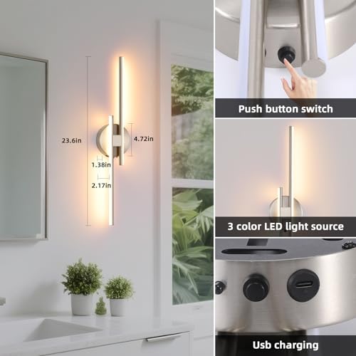 Battery Operated Wall Sconce Set of 2, Brushed Nickel 23.6" 3000K-6500K Dimmable Wall Sconces with Remote Control, Wireless Wall Light Rechargeable for Bedroom Hallway Living Room Background - color: Brushed Nickel, size: 23.6" 2-Pack