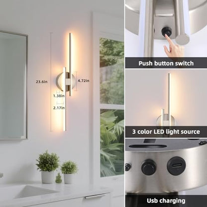 Battery Operated Wall Sconce Set of 2, Brushed Nickel 23.6" 3000K-6500K Dimmable Wall Sconces with Remote Control, Wireless Wall Light Rechargeable for Bedroom Hallway Living Room Background - color: Brushed Nickel, size: 23.6" 2-Pack