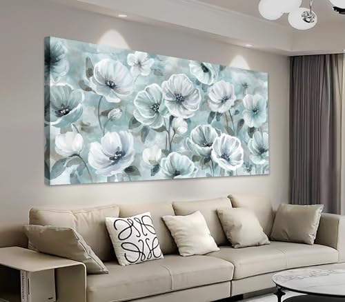 yearainn Floral Canvas Wall Art - Teal Flowers Pictures Wall Decor Turquoise White Blossom Painting Artwork Elegant Botanical Prints for Living Room Bedroom Office Home Decor Ready to Hang 48" x 24" - color: Blue Green White Flowers, size: 48"L x 24"W