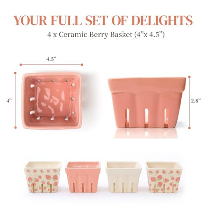 BIEN BEAU Pink Ceramic Berry Bowl with Colander,Set of 4 Strawberry Baskets - color: White,Pink