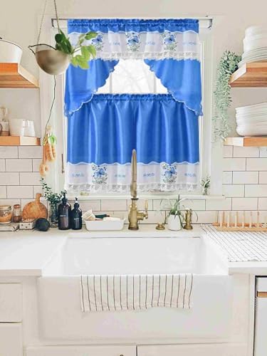 Generic 3-Piece Set Embroidered Window Curtain 2 Panels 1 Valance for Kitchen Restaurant Bar BR (Royal Blue BR-13) - color: Royal Blue Br-13