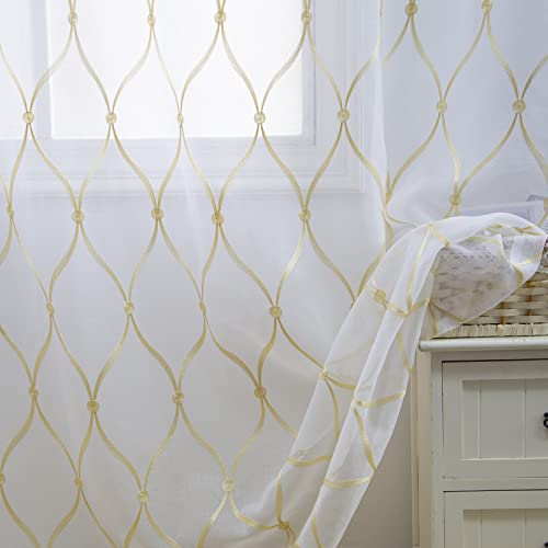 July Joy White Sheer Curtains 84 Inches Long Beige Moroccan Embroidered Grommet Semi Window Drapes for Living Room Bedroom, 2 Panels - color: Beige, size: 52"W x 84"L (Pack of 2)