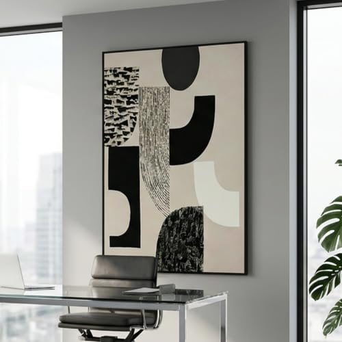 QKF Wabi Sabi Abstract 3D Texture Black Aluminum Frame Canvas Wall Art - color: Beige & Charcoal