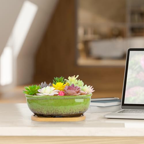 Succulent Pots, 1 Rectangle Planter + 1 Ceramic Bonsai Pots with Drain Tray - color: Green