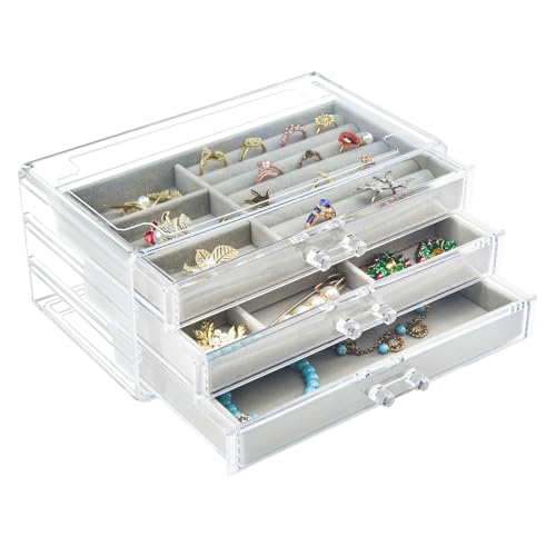 Weiai Acrylic Jewelry Box Organizer 3 Drawer Earring Storage Case Tray for Women - color: Gray