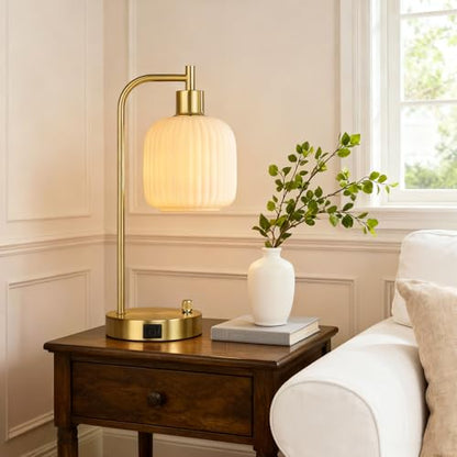 Cream Glass Table Lamps Set of 2, Dimmable Bedside Lamps for Living Room - color: ‎Gold&‎Cream