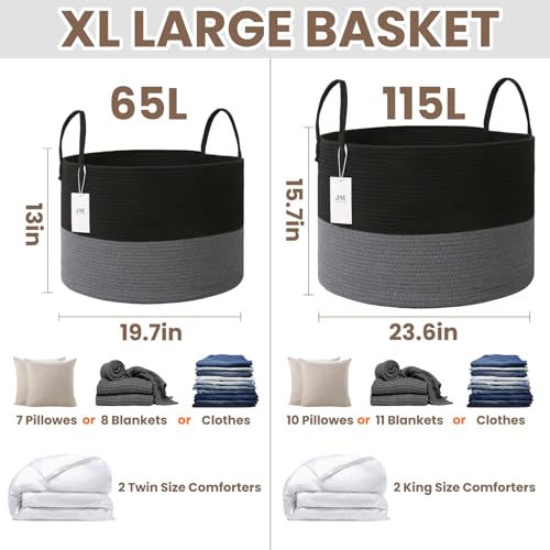 JMvicyroam 65L Extra Large Machine Washable Cotton Rope Blanket Basket - color: Black&Grey, size: 65L