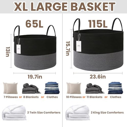 JMvicyroam 115L Extra Large Machine Washable Cotton Rope Blanket Basket - color: Black&Grey, size: 115L