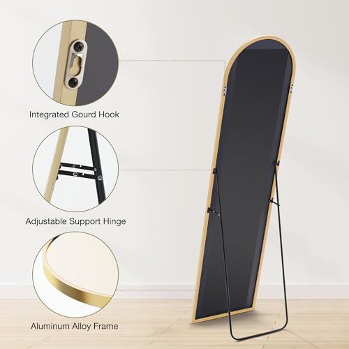OLIXIS Arched Full Length Mirror 59"x16.3" for Bedroom, Full Body Mirror with Stand, Hanging or Leaning for Wall, Aluminum Alloy Thin Frame Floor Standing for Living Room, Long, Gold