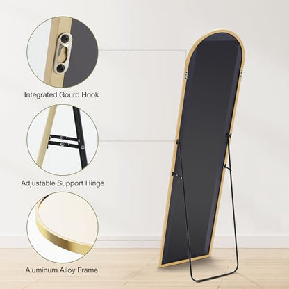 OLIXIS Arched Full Length Mirror 59"x16.3" for Bedroom, Full Body Mirror with Stand, Hanging or Leaning for Wall, Aluminum Alloy Thin Frame Floor Standing for Living Room, Long, Gold