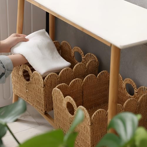 Leinuosen 4 Packs Scalloped Wicker Storage Basket Paper Rope Pantry Baskets for Shelves Organizing Toilet Paper Foldable Rattan Cube Storage Bins Boho Organizer Bins for Home, 13 x 11 x 7.9 Inches