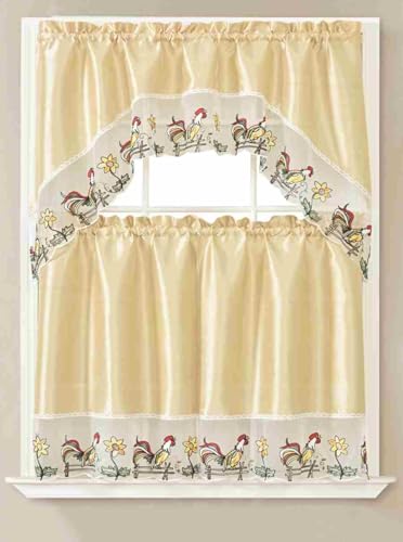 Generic 3-Piece Set Embroidered Window Curtain 2 Panels 1 Valance for Kitchen Restaurant Bar BR (Ivory BR-38) - color: Ivory Br-38