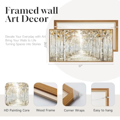 Framed Birch Tree Forest Landscape Wall Art for Living Room, 60x30 Inch - color: Brown White