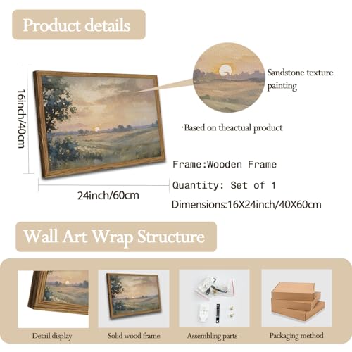 Vintage Sunset Wall Art Rustic Cottagecore Landscape Wall Decor Fall Country Nature Painting Artwork 3D Textured Sandstone for Living Room Bedroom 16x24 Inch Wood Framed - color: Color B, size: 24"L x 16"W