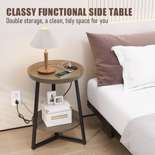 Gadroad Round End Table with Charging Station, Walnut Color - color: Walnut, size: 15.75"D x 15.75"W x 23"H (with Charging Station)