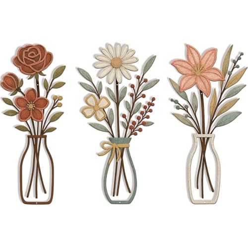 CarryWise 3 Piece Metal Flower Wall Art for Bedroom Living Room Rustic Farmhouse Floral Wall Decor for Bathroom Dining Room Boho Home Decorations Modern Minimalism Walls Hanging Sculptures - color: Red & Vase flower