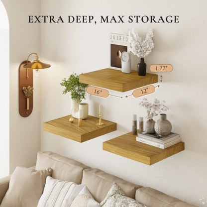 16" Wall Floating Shelves, Set of 3, Natural Wood - color: Natural, size: 3T16IN