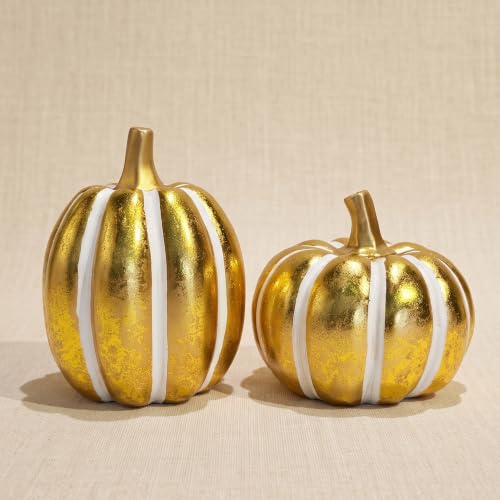 FESTGLOX 2Pcs Resin Pumpkin Figurines, Fall Thanksgiving Decor - color: Gold and White-2pcs