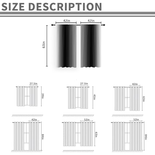 Black Grey Curtains, Ombre, 2 Panels, 42" W x 63" L, Rod Pocket - color: Black, size: 42"W x 63"L (Pack of 2)