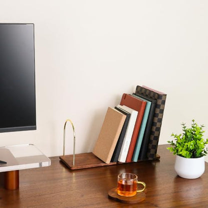 Buqoo Book Ends for Shelves, Handmade Walnut Wood Bookends with Metal - color: Walnut Brown