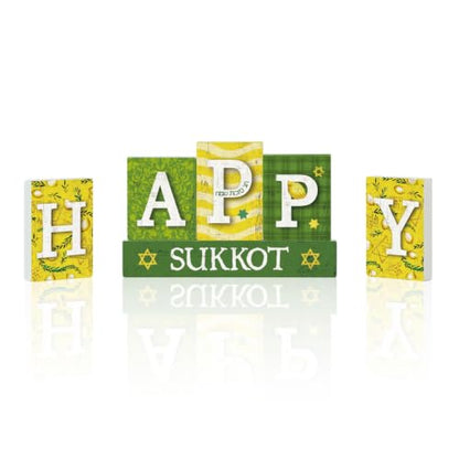Smile Sukkot Wooden Standing Decor, Happy Sukkot Letter Blocks with Etrog and Star of David Tiered Tray Tabletop Signs for Jewish Holiday Decor - style: Letter Sukkot