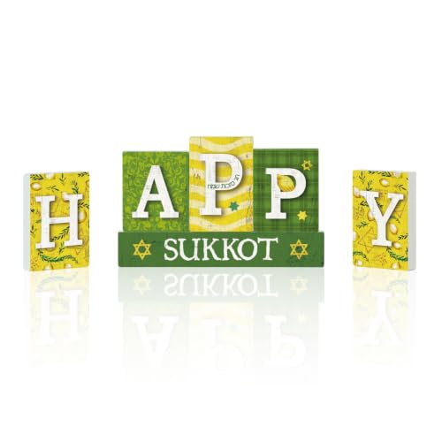 Smile Sukkot Wooden Standing Decor, Happy Sukkot Letter Blocks with Etrog and Star of David Tiered Tray Tabletop Signs for Jewish Holiday Decor - style: Letter Sukkot